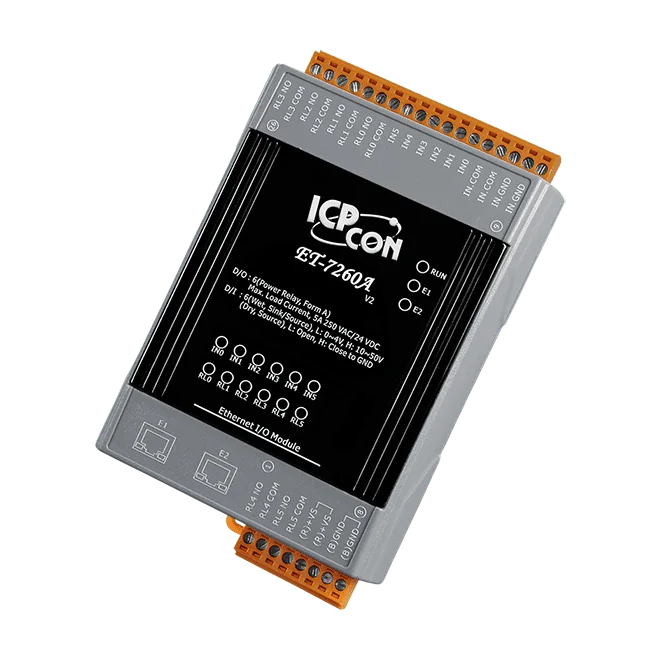 ET-7260A Ethernet I/O Module, 2-port Switch, 6-ch DI, 6-ch Power Relay