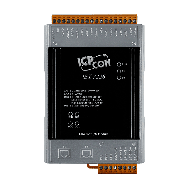 ET-7226 Ethernet I/O Module with 2-port Switch, 6-ch AI, 2-ch AO, 2-ch DI/DO