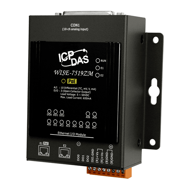 WISE-7519ZM/S Intelligent MQTT I/O Module with 2-port Ethernet Switch, 10-ch AI, 3-ch DO and PoE