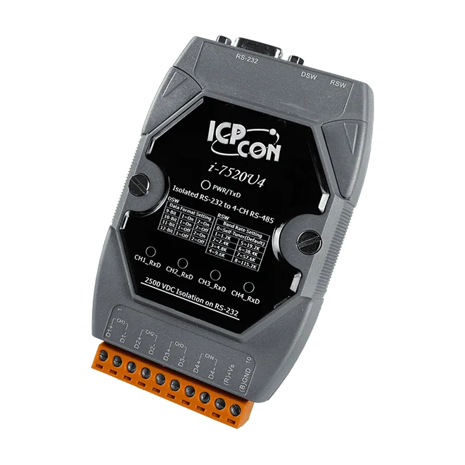 I-7520U4-G RS-232 to 4-ch RS-485 Active Star Wiring Hub, Isolated