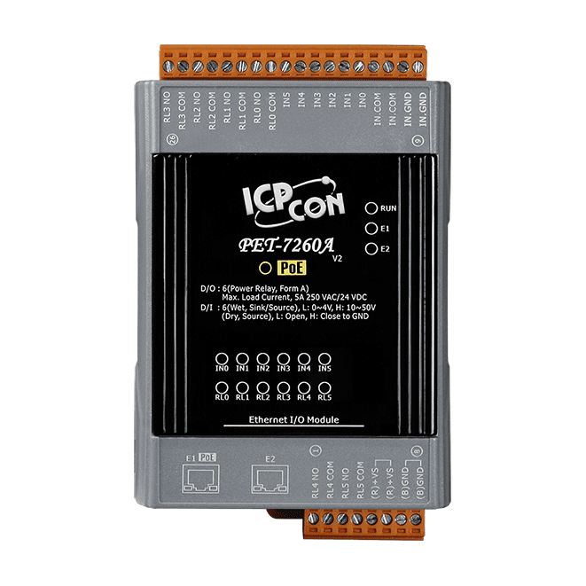 PET-7260A PoE Ethernet I/O Module, 6-ch DI and 6-ch Power Relay