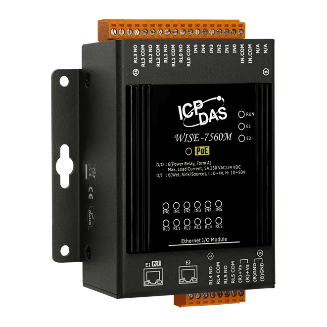 WISE-7560M MQTT I/O Module with PoE, 6-ch DI, 6-ch Power Relay, 2-port Switch
