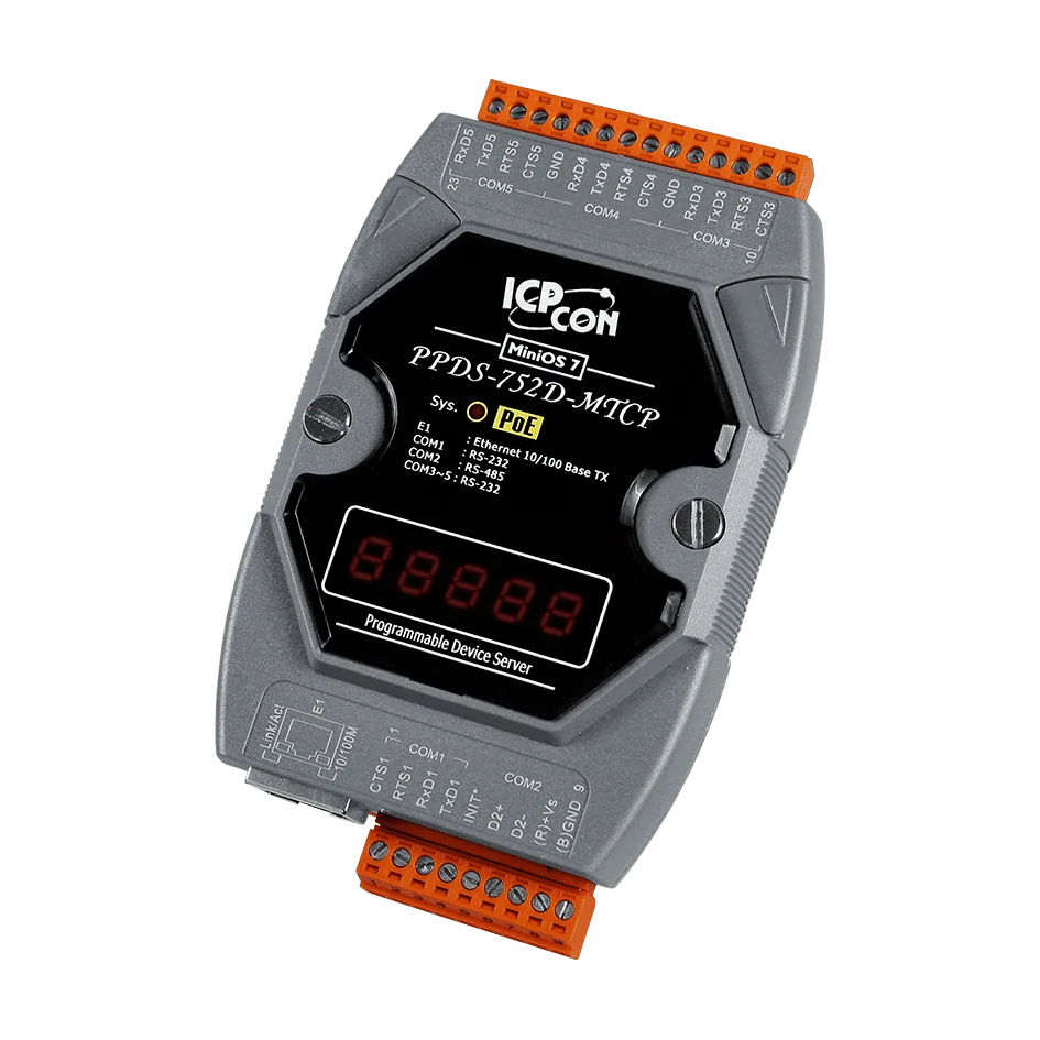 PPDS-752D-MTCP PoE Serial-to-Ethernet Device Server, 4x RS-232 and 1x RS-485