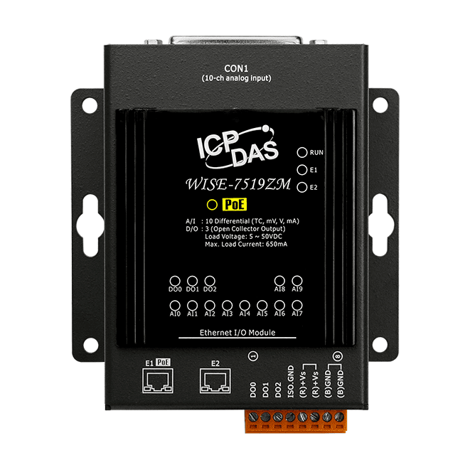 WISE-7519ZM/S Intelligent MQTT I/O Module with 2-port Ethernet Switch, 10-ch AI, 3-ch DO and PoE