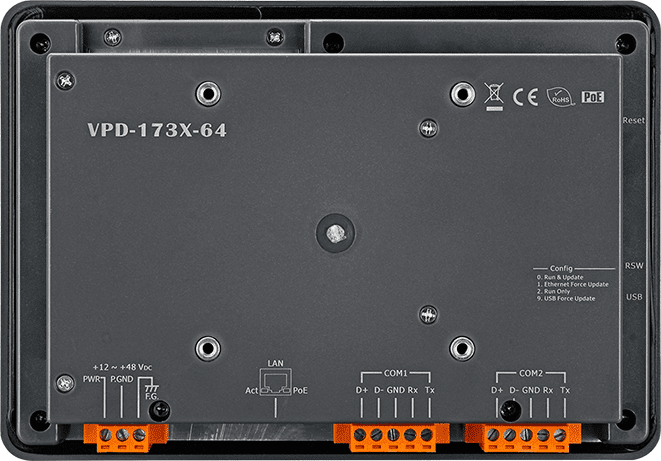 VPD-173X-64 7-inch Touch HMI, 800 x 480 TFT, 2 x RS-232/RS-485, PoE