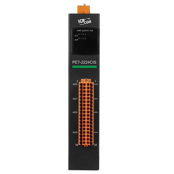 PET-2224CIS PoE I/O Module, 4-ch Analog Output with 2-port Ethernet Switch