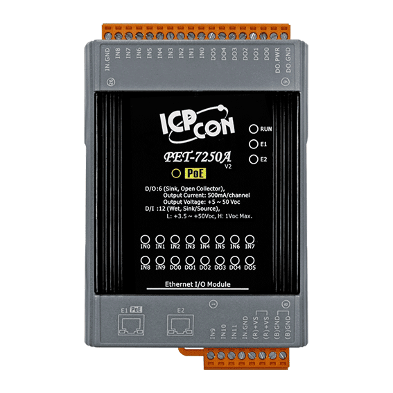 PET-7250A PoE Ethernet I/O Module with 2-port Switch, 12-ch DI, 6-ch DO