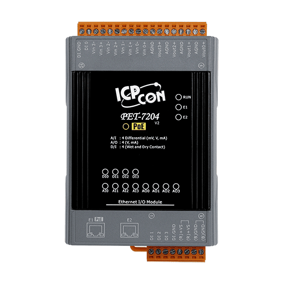PET-7204 PoE Ethernet I/O Module, 4-ch AI, 4-ch AO, 4-ch DI