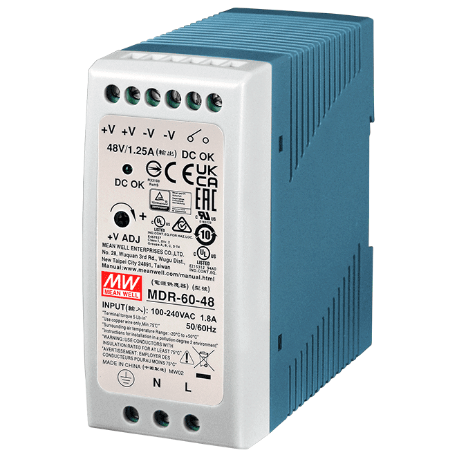 MDR-60-48 DIN-Rail Power Supply, 85~264 VAC to 48 VDC/1.25 A, 60 W