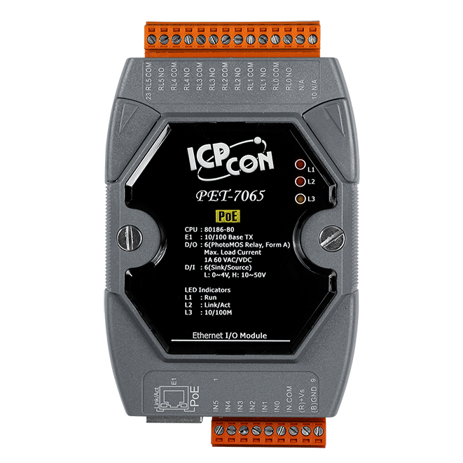 PET-7065 PoE Ethernet I/O Module, 6-ch DI and 6-ch PhotoMOS Relay