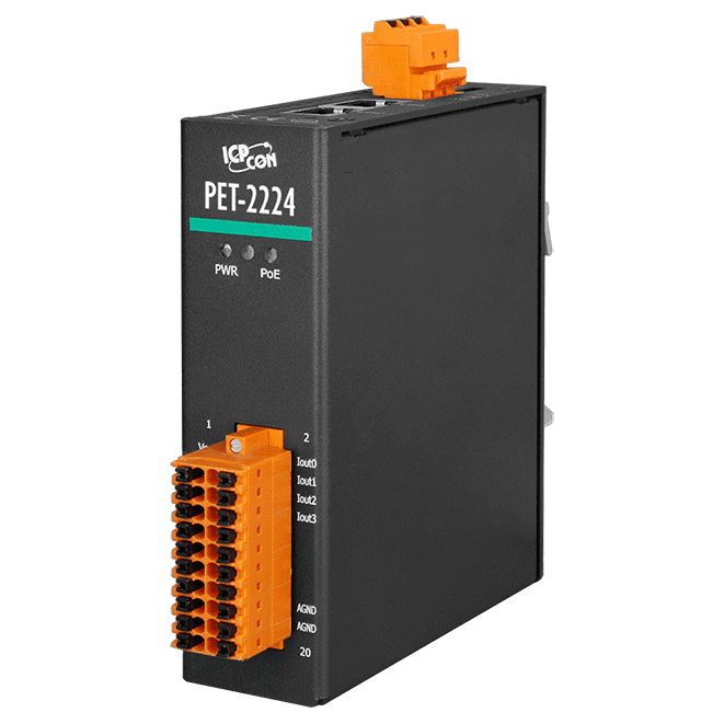 PET-2224 PoE I/O Module, 4-ch Analog Output, 2-port Ethernet Switch