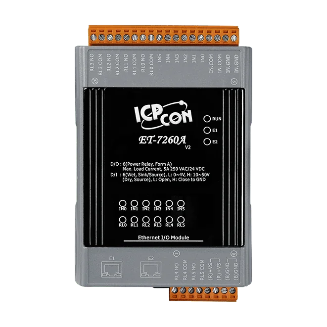 ET-7260A Ethernet I/O Module, 2-port Switch, 6-ch DI, 6-ch Power Relay
