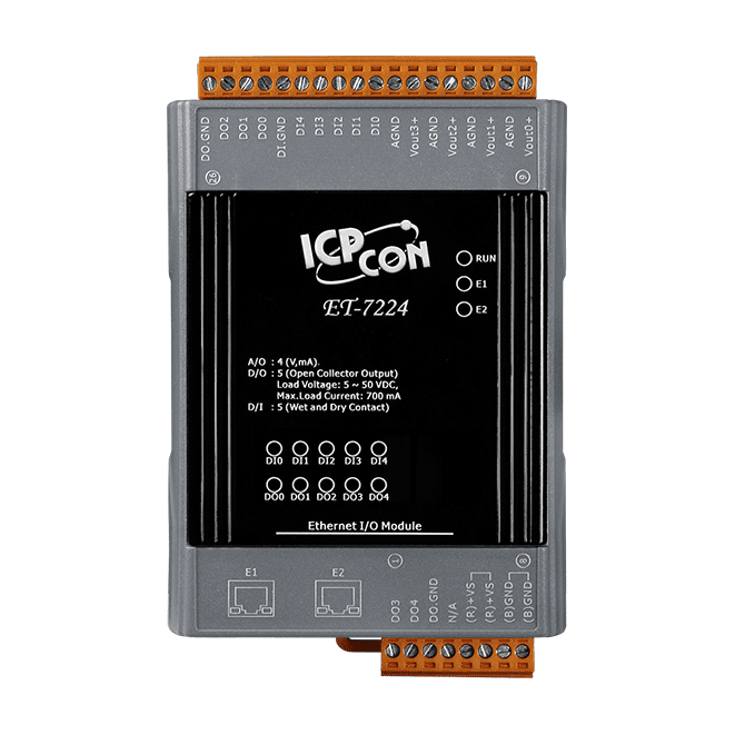 ET-7224 Ethernet I/O Module, 4-ch AO, 5-ch DI, 5-ch DO with 2-port Switch