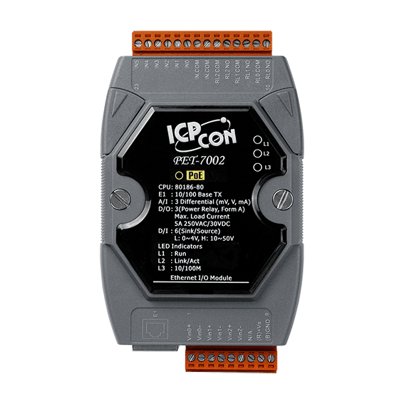 PET-7002 PoE I/O Module, 3-ch AI, 6-ch DI, 3-ch Power Relay