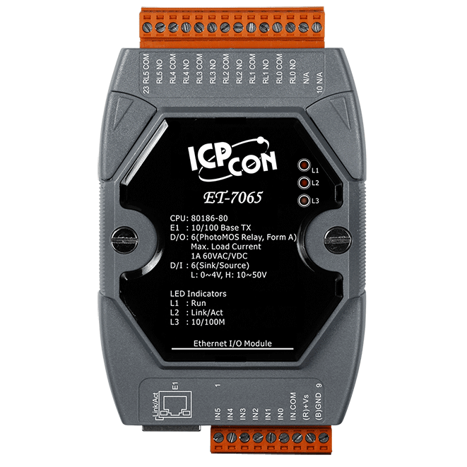 ET-7065 Ethernet I/O Module, 6-ch DI and 6-ch PhotoMOS Relay