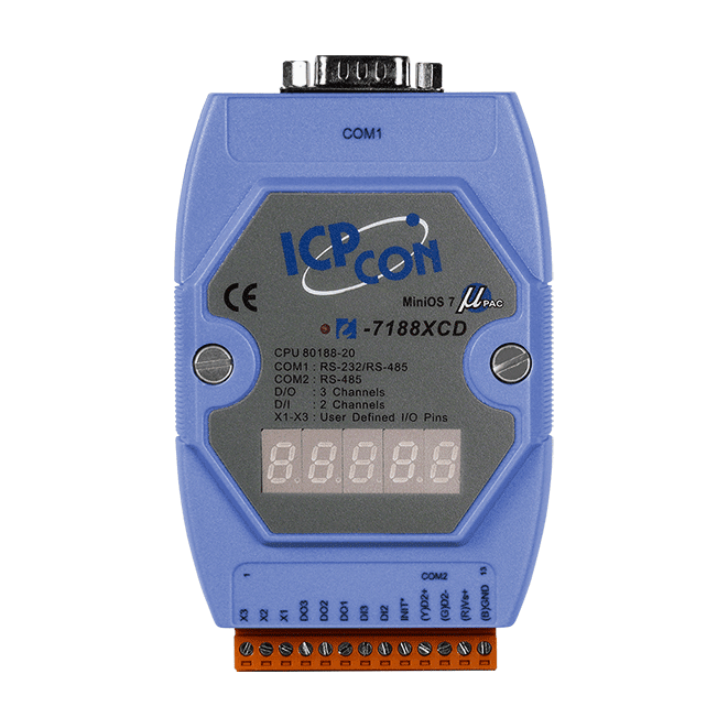I-7188XCD/512/RTC Ethernet PAC with 80188-20 CPU, MiniOS7, 512KB SRAM, RTC, 2 Serial Ports, 2 DI, 3 DO and 1 I/O Bus