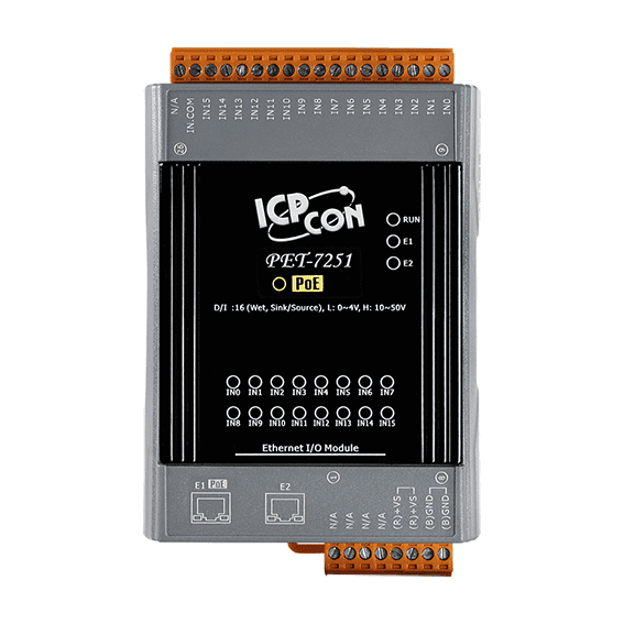 PET-7251 PoE Ethernet I/O Module, 16-ch Wet Contact DI with 2-port Switch