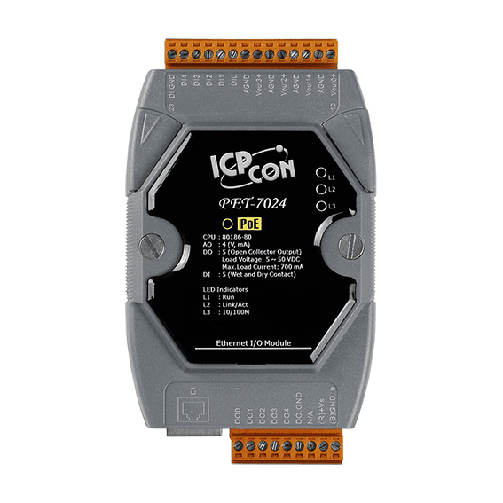 PET-7024 PoE I/O Module, 4-ch Analog Output, 5-ch DI, 5-ch DO